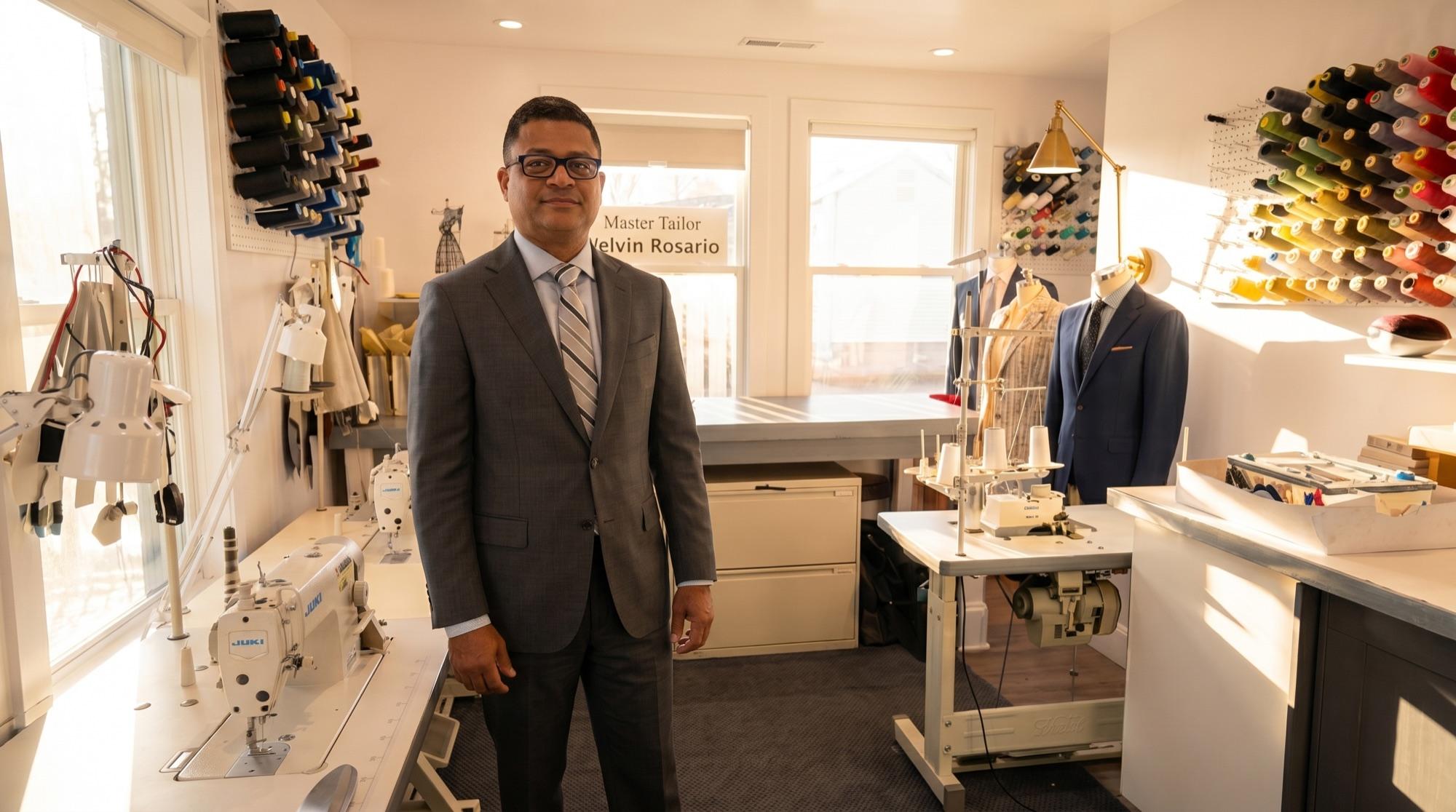 Welvin Rosario in a grey suit standing in his Westport atelier, with sewing machines and thread racks behind him