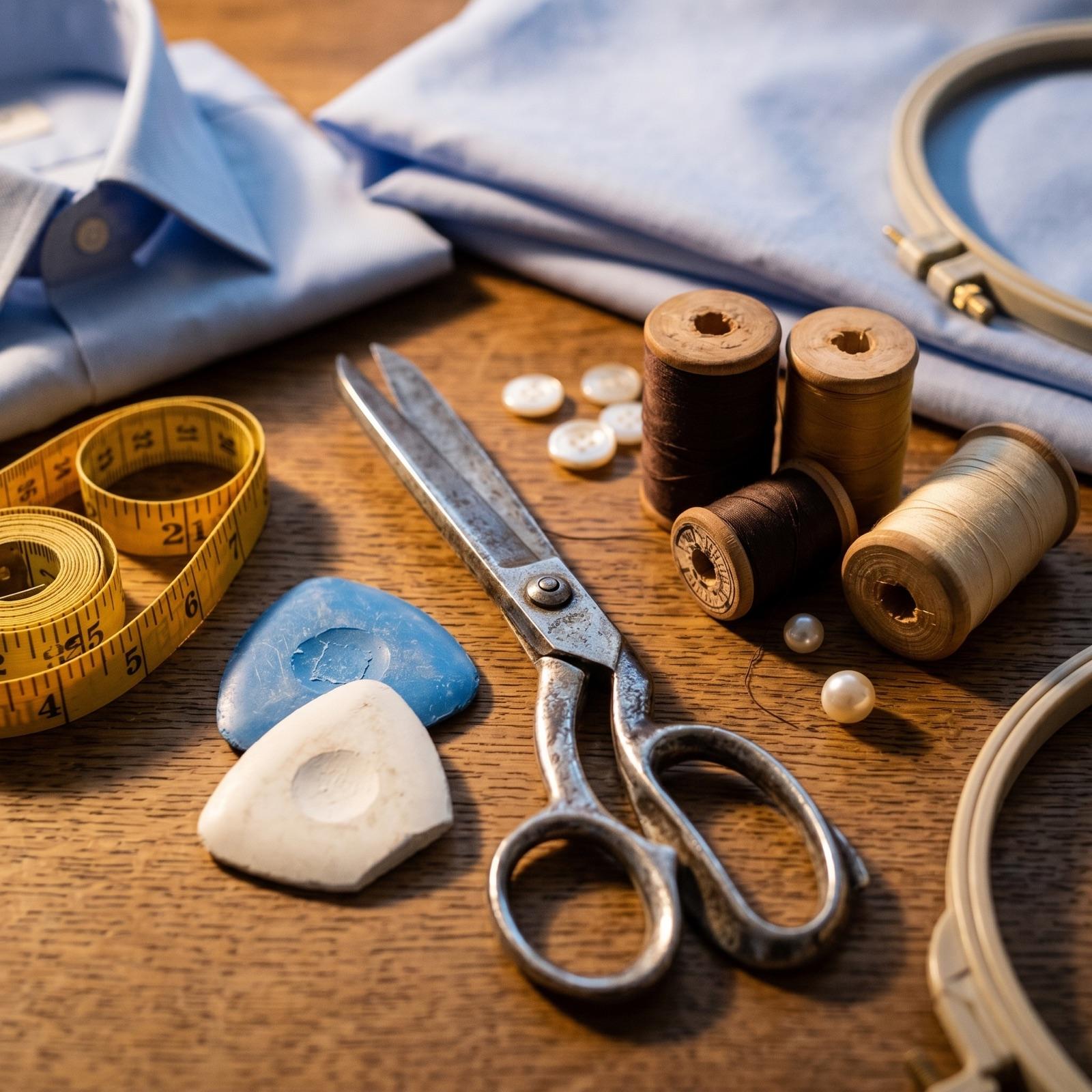 Close-up still life on the worktable — scissors, tailor's chalk, measuring tape, thread spools, and a blue shirt
