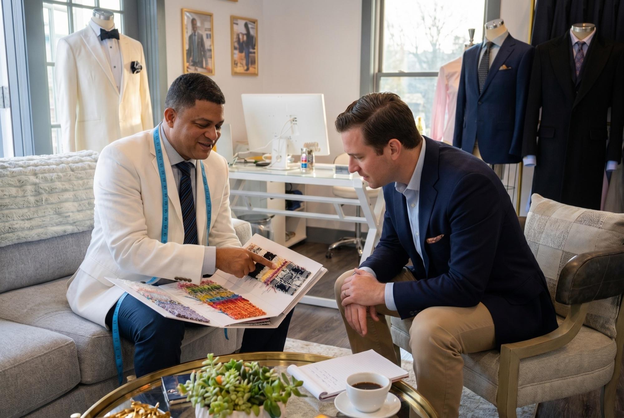 Welvin showing fabric swatches to a client on a couch in the atelier, coffee cup on the table