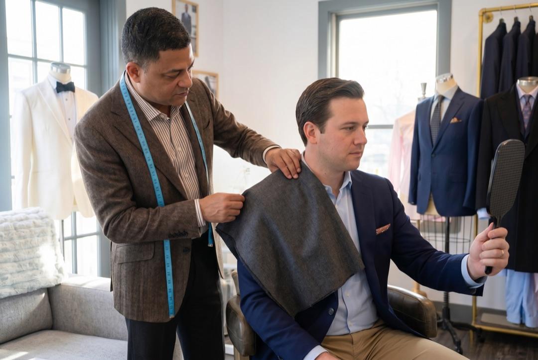 Welvin draping a charcoal wool swatch across a seated client's shoulder while the client holds a hand mirror to assess the color