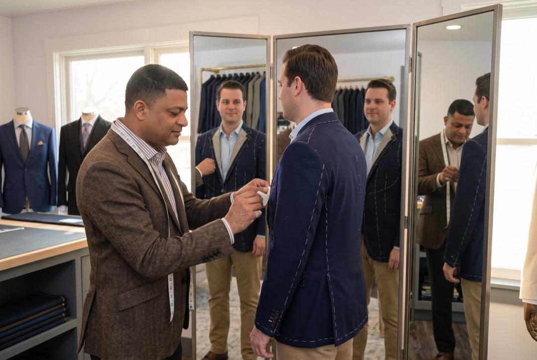 Welvin chalk-marking adjustments on a basted navy jacket while the client stands in the trifold fitting mirror