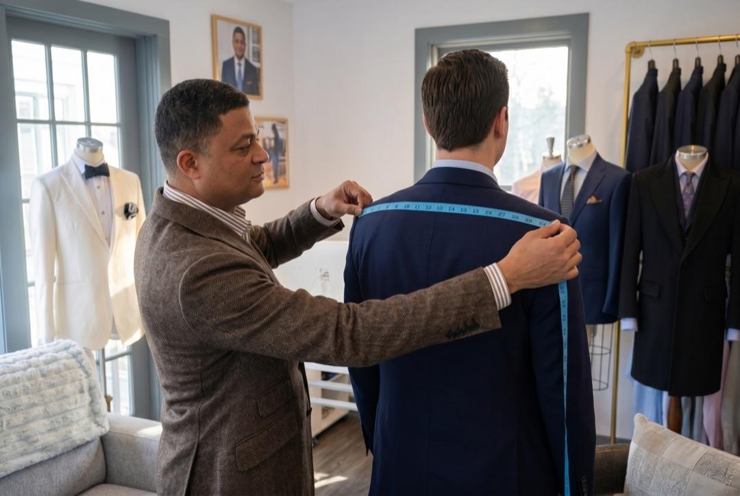 Welvin running a blue tape measure across a client's shoulders from behind in the atelier, finished suits on dress forms flanking the window